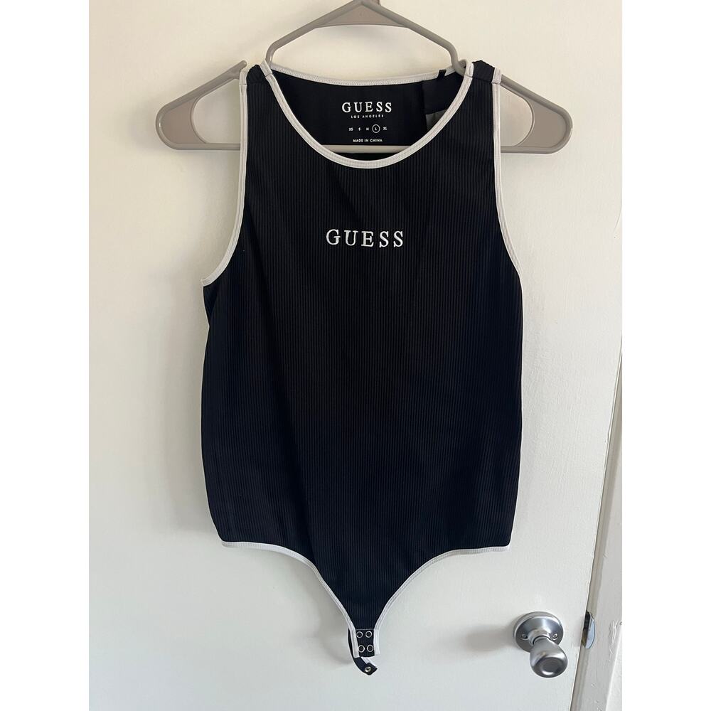 Black Ribbed Bodysuit White Trim